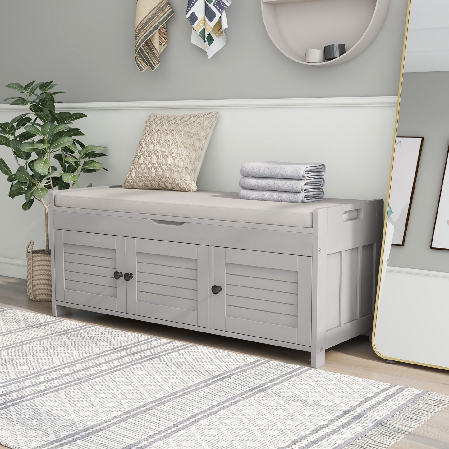 TREXM Storage Bench with 3 Shutter-shaped Doors - Gray Wash