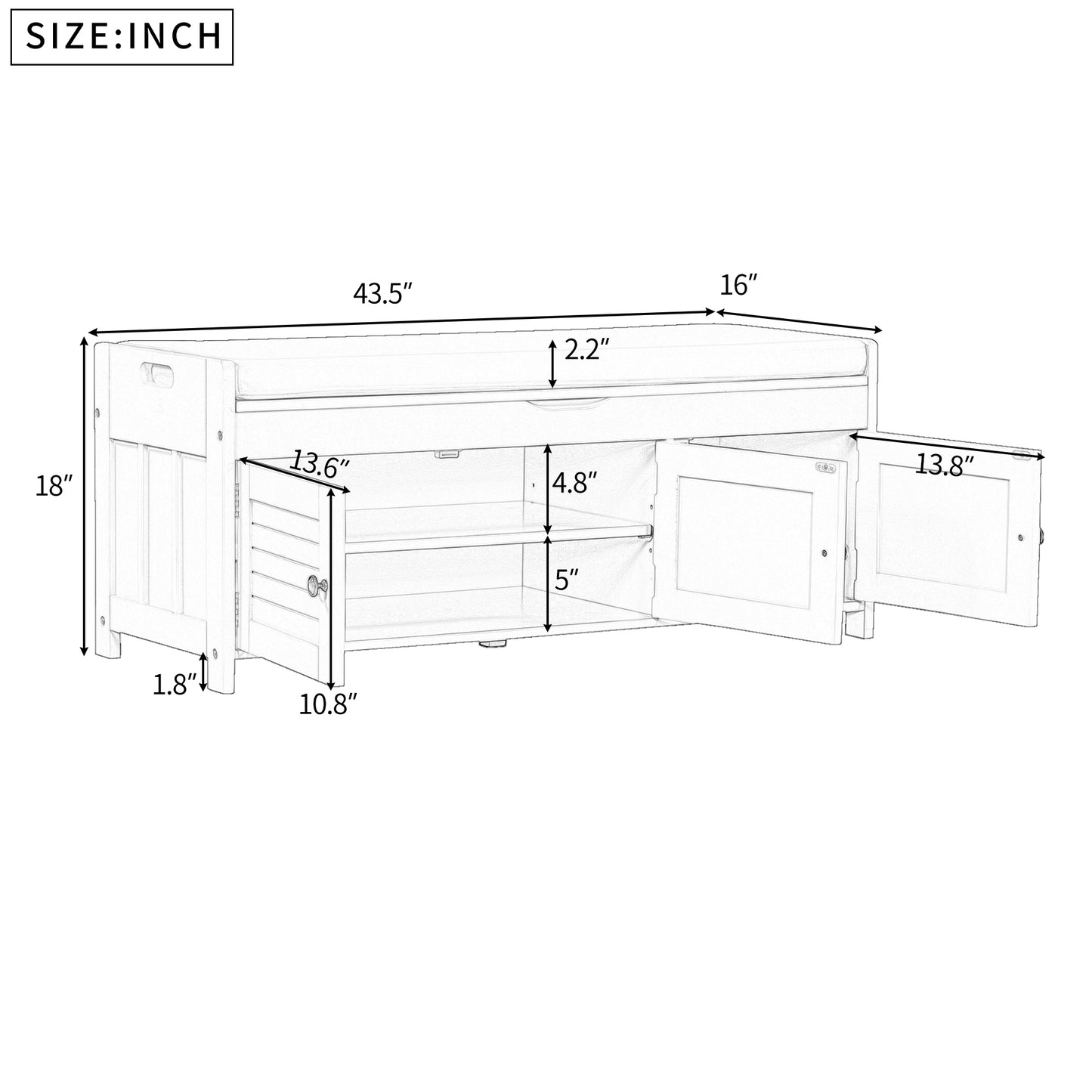 TREXM Storage Bench with 3 Shutter-shaped Doors - Gray Wash