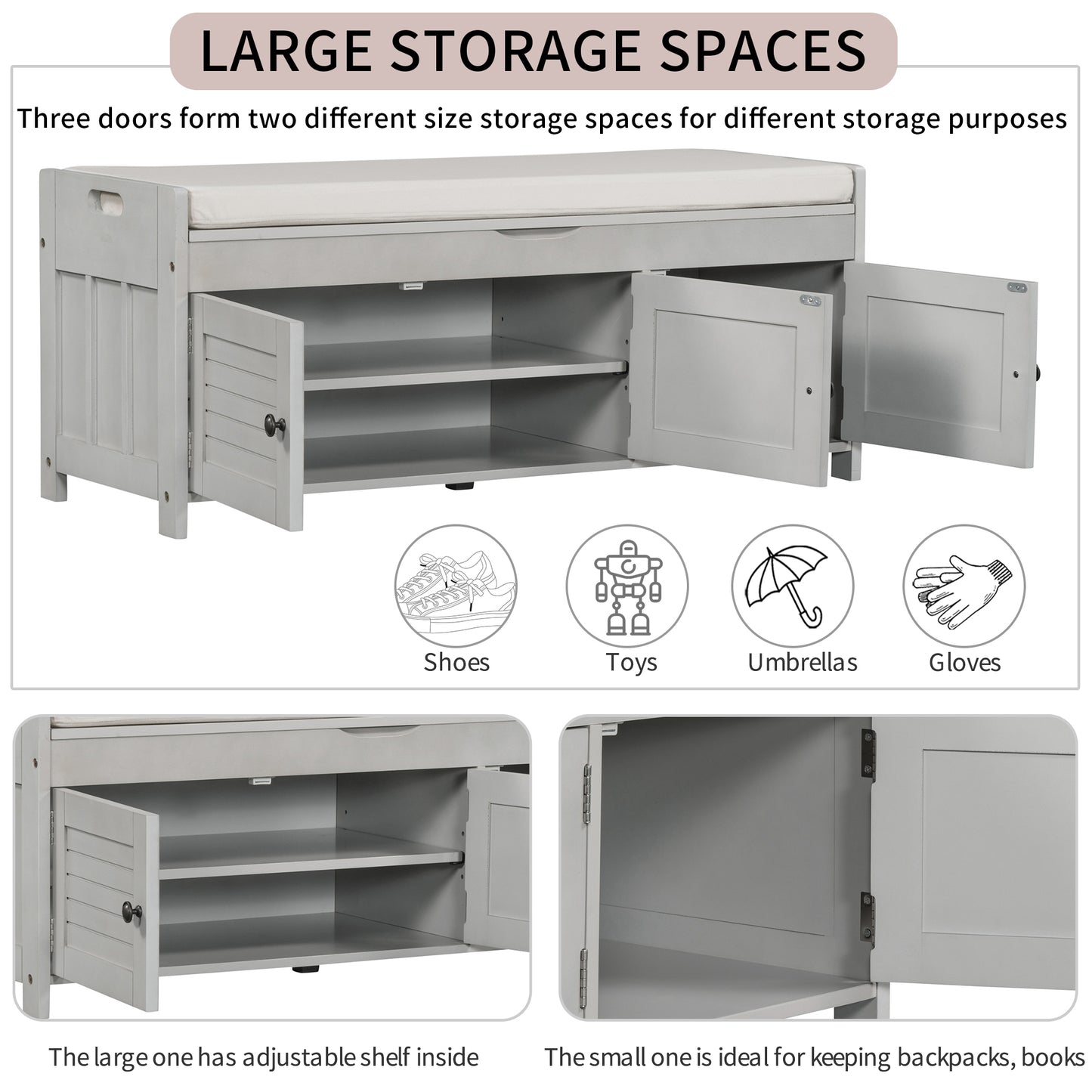 TREXM Storage Bench with 3 Shutter-shaped Doors - Gray Wash