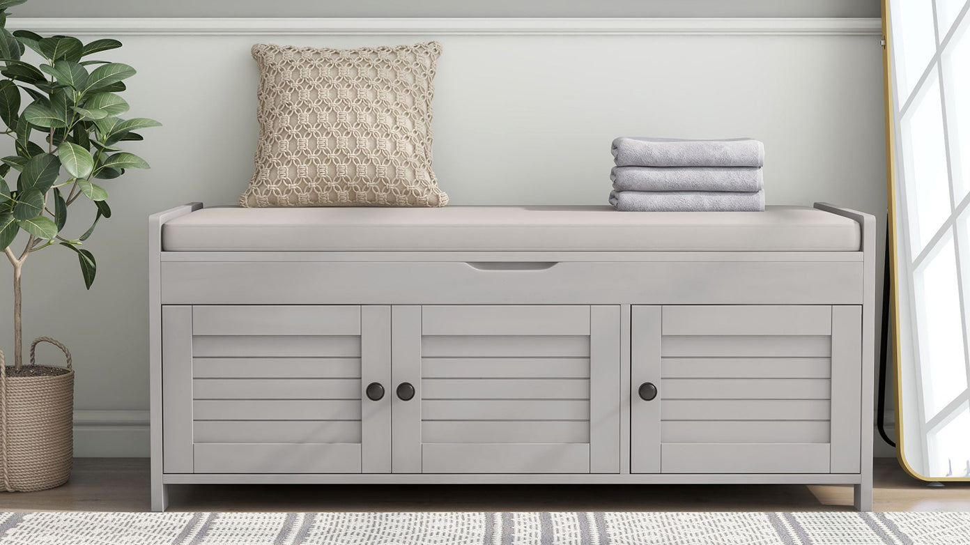 TREXM Storage Bench with 3 Shutter-shaped Doors - Gray Wash