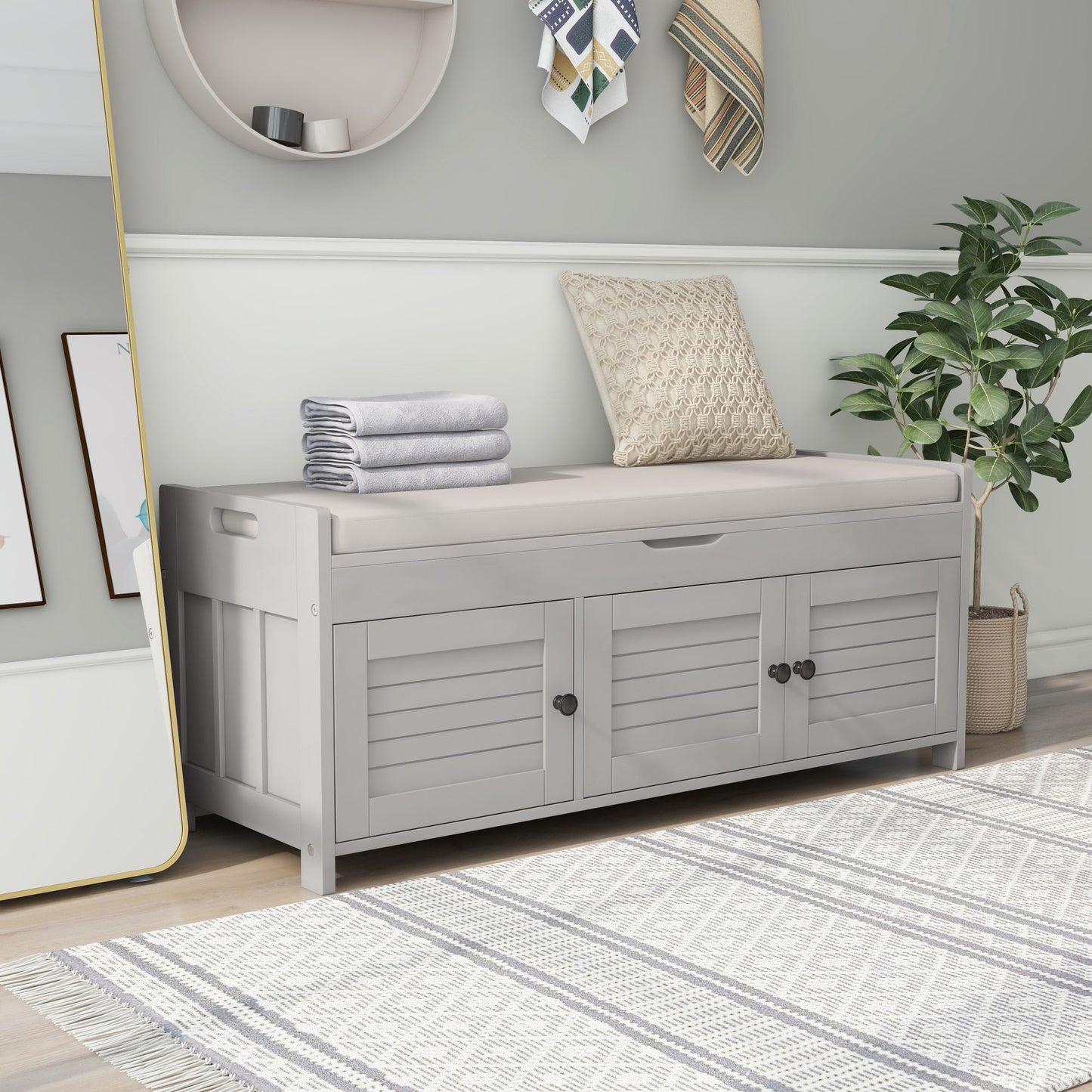 TREXM Storage Bench with 3 Shutter-shaped Doors - Gray Wash